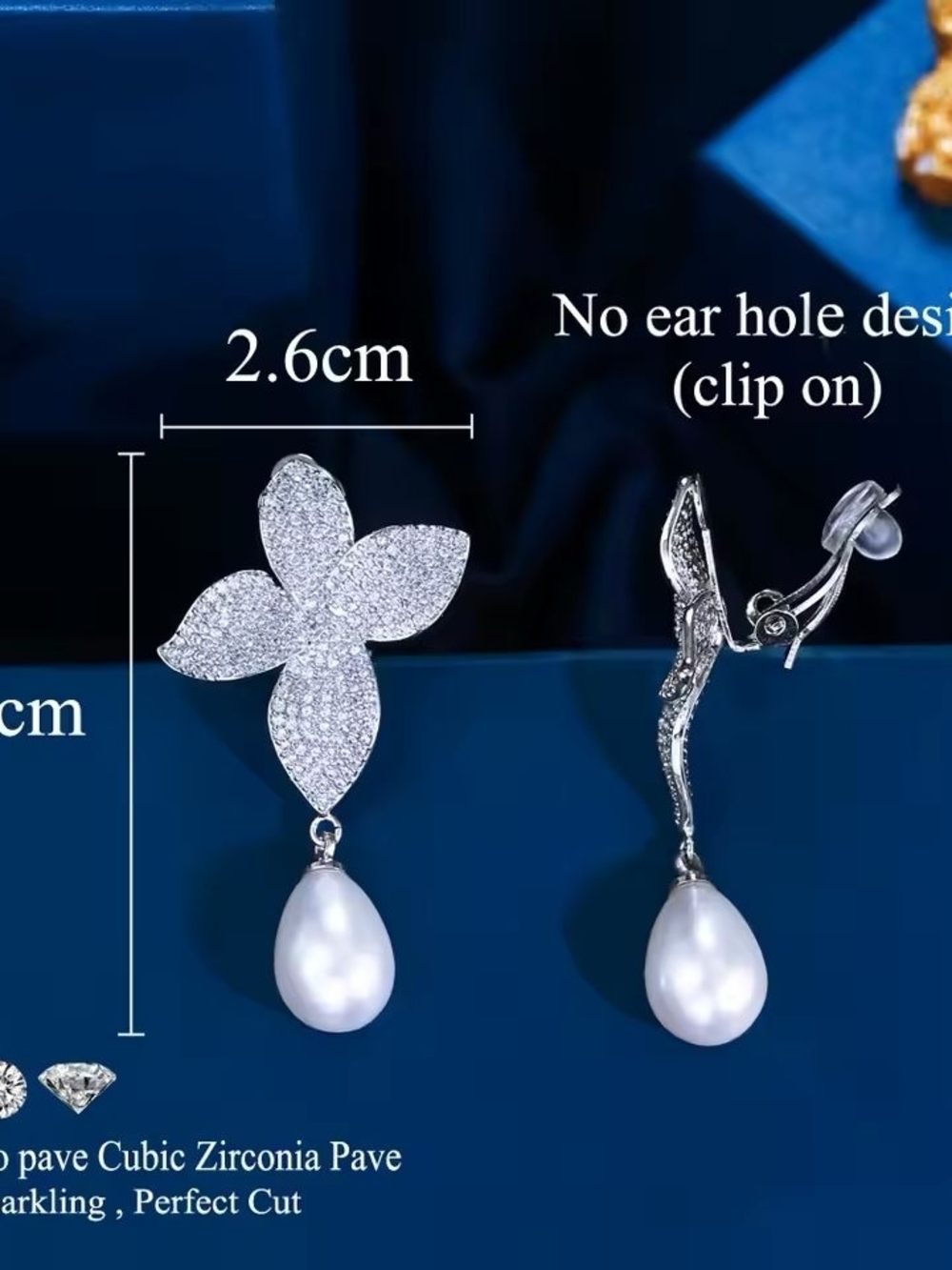 Silver Pavé Flower Clip-On Earrings with White Pearl Drops - Picture 4 of 8